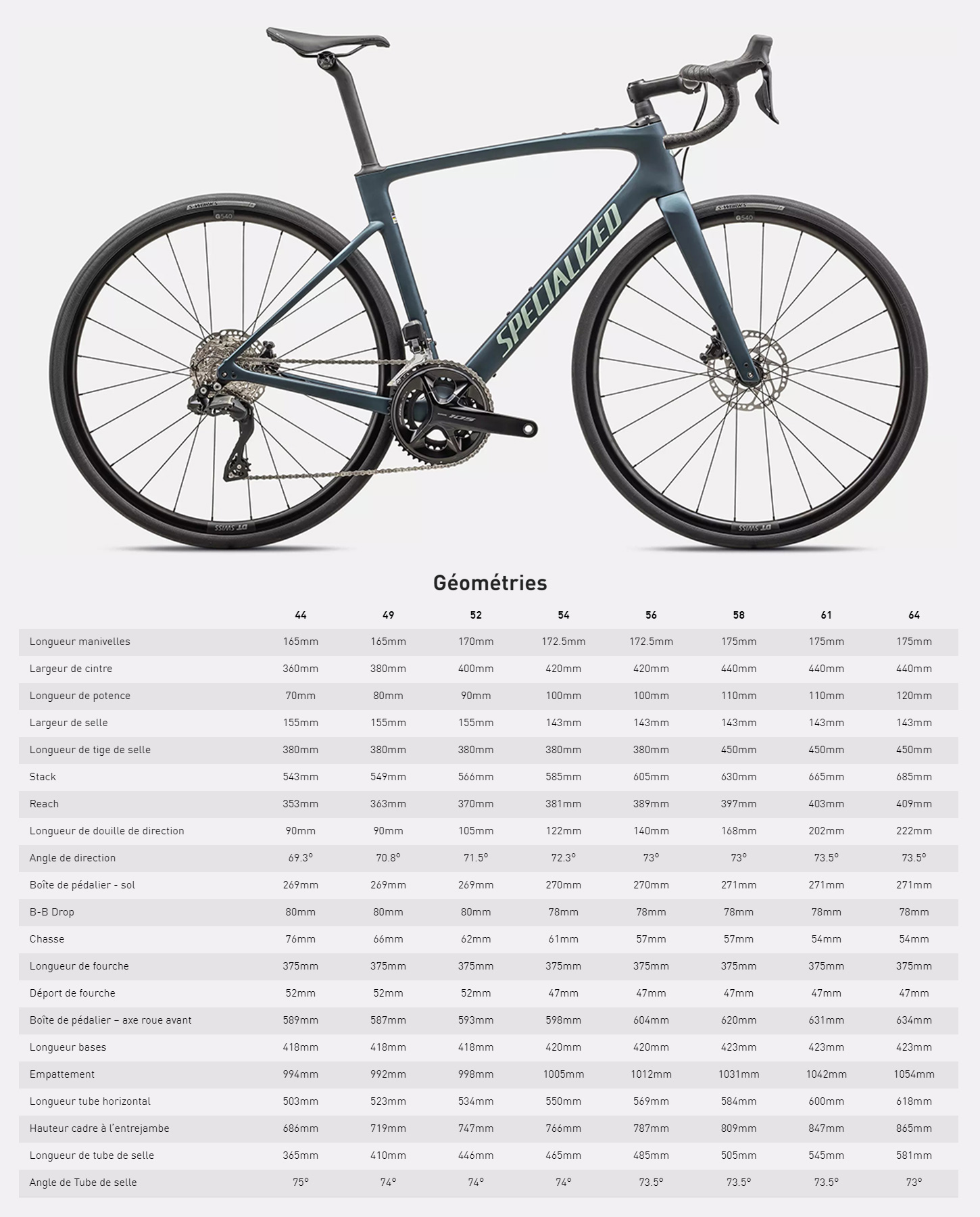 Guide de taille du véloRoubaix SL8 Comp année 2024